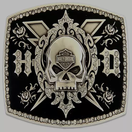 HARLEY DAVIDSON Women's WILLIE G Skull & Roses Crystal BELT BUCKLE. B1