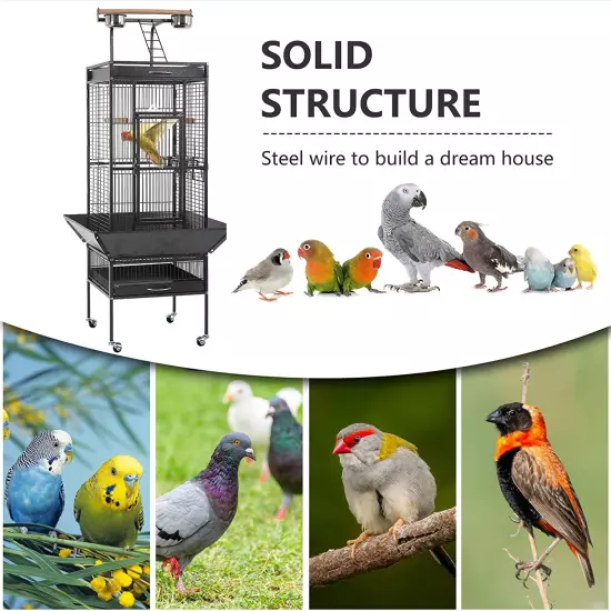 61-Inch Wrought Iron Large Bird Cage with Play Top and Rolling Stand Parrot Cage