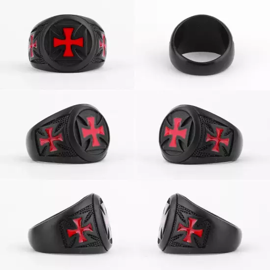 Red Cross Knights Templar Maltese Black Stainless Steel Mens Punk Biker Ring