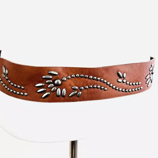 Brown Faux Leather Silver Studded Embellished Womens Belt ~ Size 8P