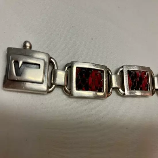 Vintage Versani Sterling Silver Link Men’s Bracelet With Red Snake Skin Inlay