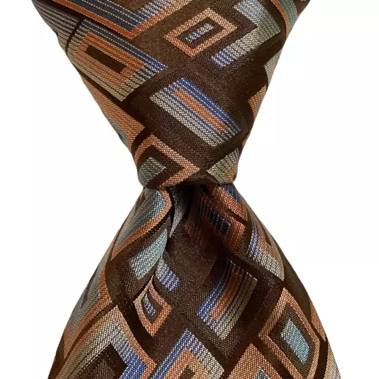 THE BIG KNOT Steven Land Men's Silk XL Necktie Designer Geometric Brown/Blue GUC