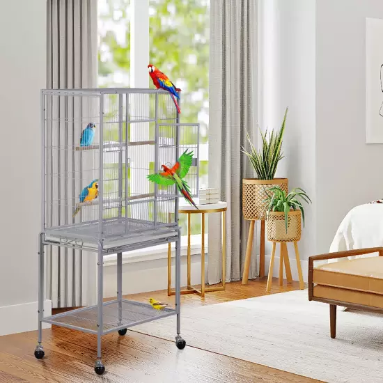 53" Rolling Bird Cage Large Wrought Iron Cage Lovebird House with Rolling Stand 