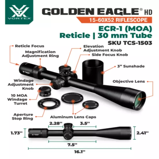 Vortex Optics Golden Eagle HD 15-60x52 ECR-1 Riflescope w/ Mount and Hat Bundle