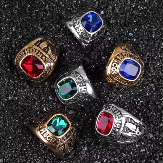 Stainless Steel Men Rings Rhinestone High School Eagle Punk Red Blue Green Stone