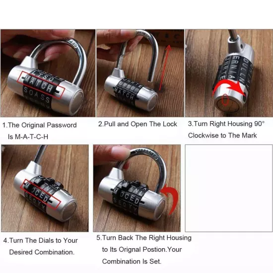 Combination Padlock - 5 dials, Locker Locks Set Your own Word Combination Pad...