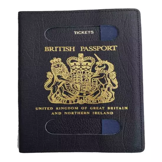 British United Kingdom Genuine Leather Passport Holder Travel Organizer Black