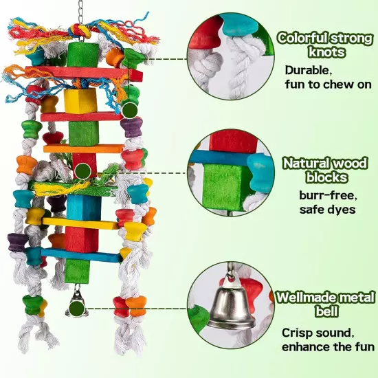 Large Bird Toys - Natural Wooden Parrot Chewing Toys with Edible Colored Blocks 