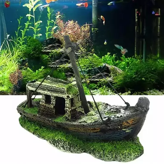 Aquarium Shipwreck Decoration Resin Sunken Ship Wreck Fish Tank Cave Decor C7X2