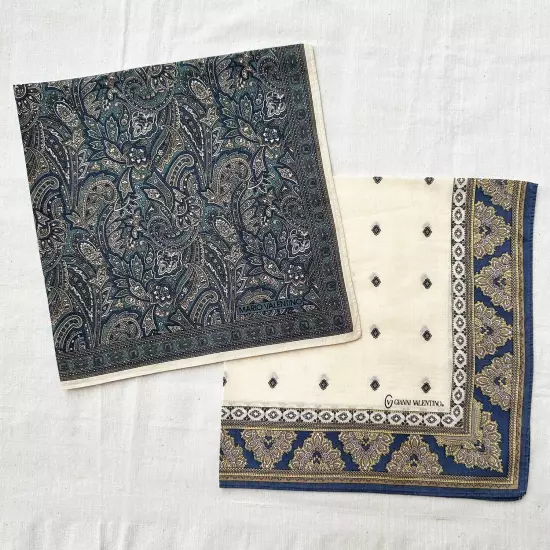 Set of 2 Handkerchief Vtg Beige Green Cotton Paisley Antique Pocket Square 18"