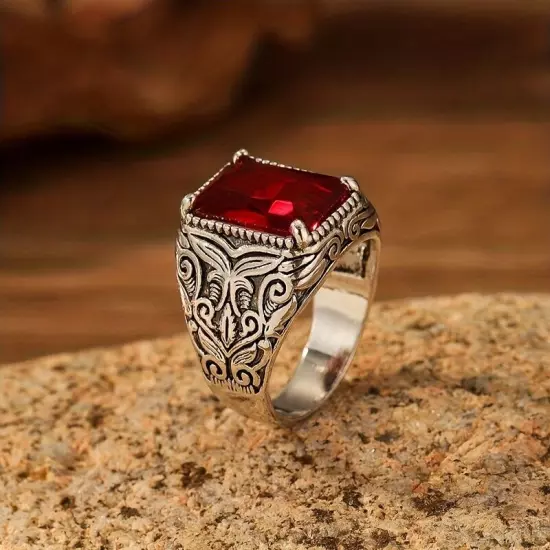 Red Zircon Men's Ring Retro Style Silver Color Pattern Wedding Band Jewelry Gift