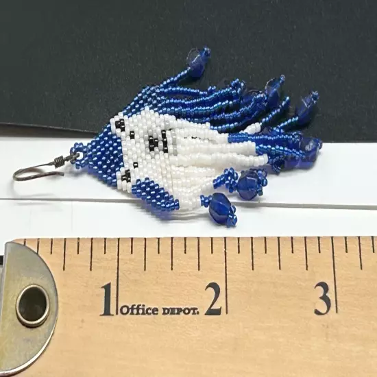 Hand Beaded Polar Bears Blue Seed Bead Tasseled Dangle Earrings