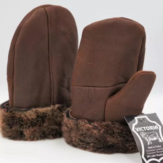 REAL GENUINE 100% SHEEPSKIN SHEARLING LEATHER MITTENS UNISEX WHISKEY BROWN S-2XL