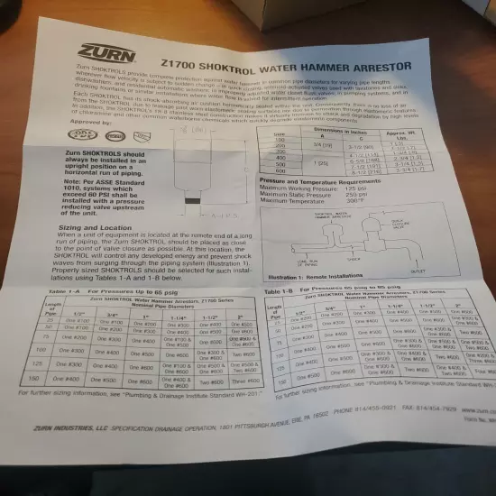 Zurn Wilkins Z1700-200 Shoktrol Water Hammer Arrestors, 3/4" Inlet x 3-1/2"
