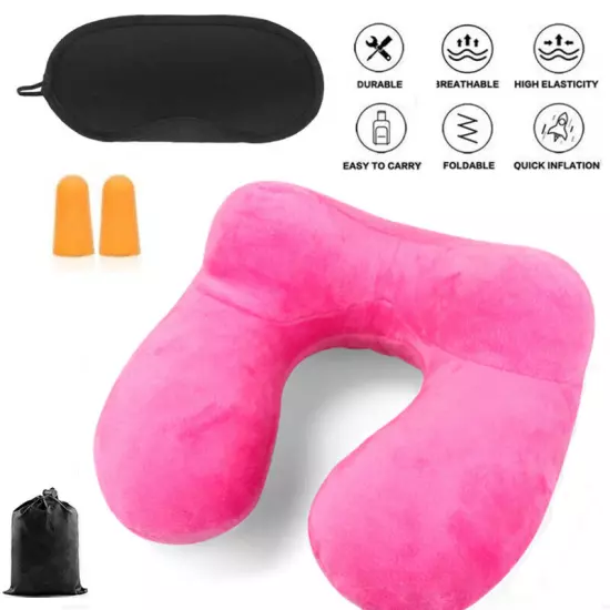 Inflatable Air Travel Pillow Airplane Office Nap Rest Neck Head Ear Plugs Mask