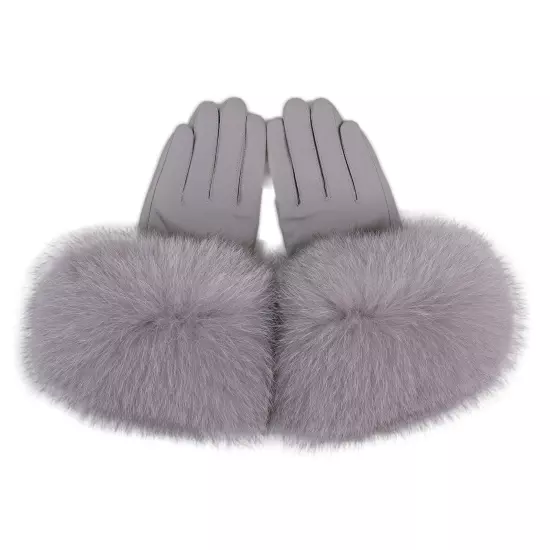 Women Genuine Lambskin Leather Gloves With Real Fox Fur Trim Cuff Winter Warm