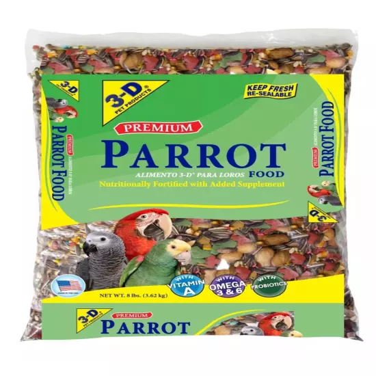 3-D Pet Products Premium Parrot Bird Food Seeds, with Probiotics, 8 lb. Bag