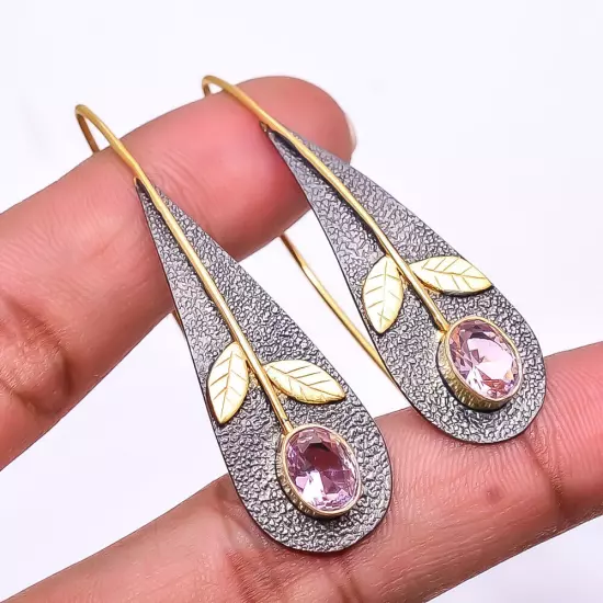 Pink Rose Quartz 925 Silver Black & Gold Plated Earring 2.15" E14