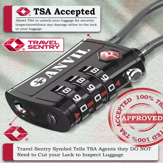 TSA Approved Luggage Locks - Re-Settable 3-Digit Combination Cable Lock with All