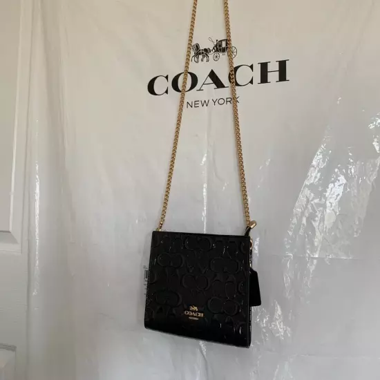 NWT COACH CV407 Slim Crossbody Bag in Signature Patent Leather Black