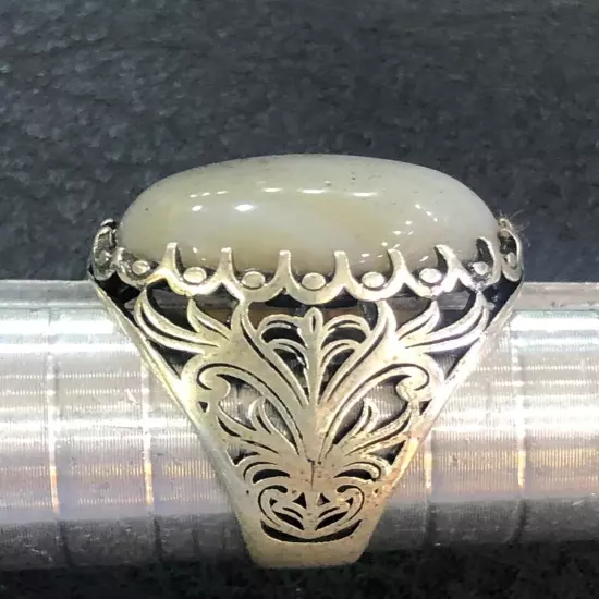 Royal Men Ring 925 Silver Yemen Agate Aqeeq خاتم عقيق يمني ابيض