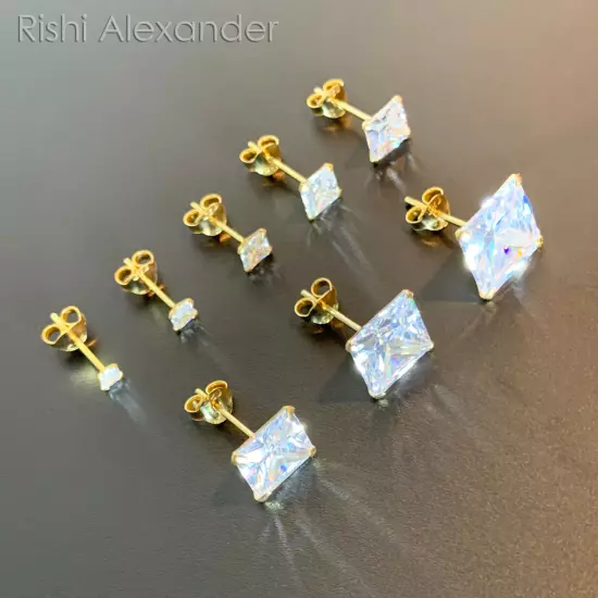 925 Sterling Silver Gold-Plated Square Cubic Zirconia Clear CZ Stud Earrings