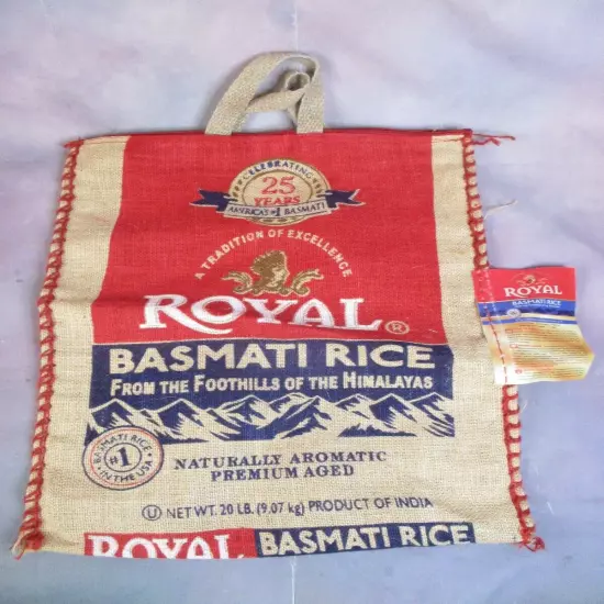 Royal Basmati Rice Bag 20lbs Burlap Handles Zipper Heavy Duty 25th Anniv NO RICE