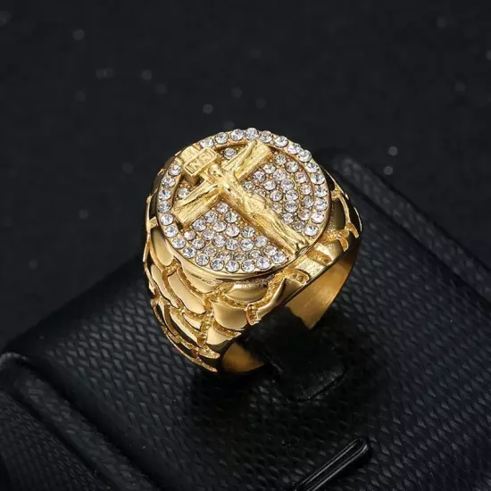 Hip Hop Stainless Steel Jesus Cross Casting Ring 18k Real Gold Plated Jewelry