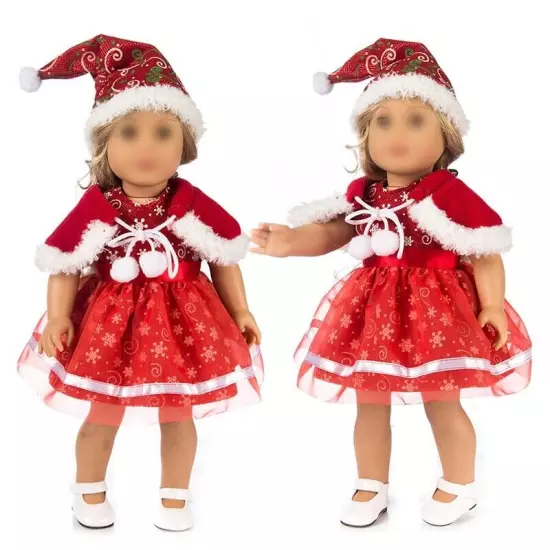 Red Merry Christmas Dress for 18" American Doll Outfits Clothes Hat Cloak 1/4