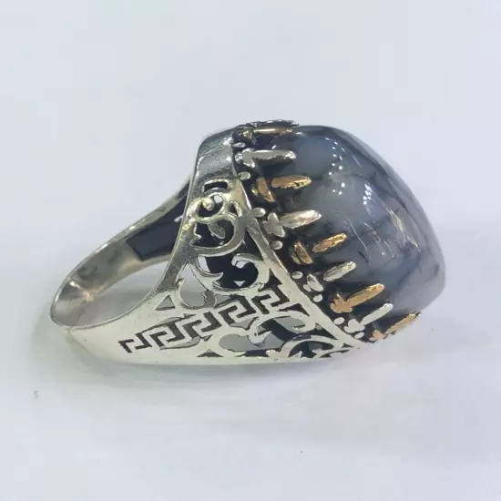 Men Silver Ring 925 Sterling Yemen Aqeeq Agate خاتم عقيق يمني شجري مصور حبة فحل