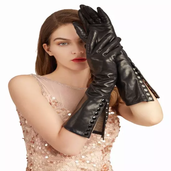 Women Real Top Italy Leather Evening Elbow Long Metal Buttons Gloves In Black