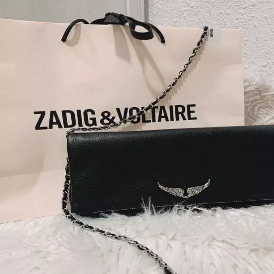 Zadig & Voltaire Rock Swing Your Wings Leather Clutch Black Bag Chains NWT!