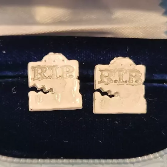 Vintage Retro R.I.P Tombstone White Earrings Pierced