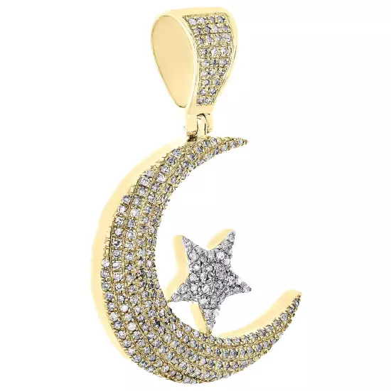 10K Yellow Gold Diamond Islamic Crescent Moon & Star Pendant 1.45" Charm 5/8 CT.