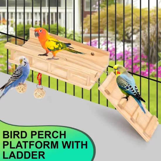 PETOGO's Wooden Bird Perch Platform Stand with Ladder and Rattan Toys - Made ...