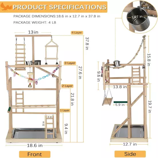 4-Layer Wooden Parrot Playstand with Feeder Cups & Bells - Bird Playground Gym