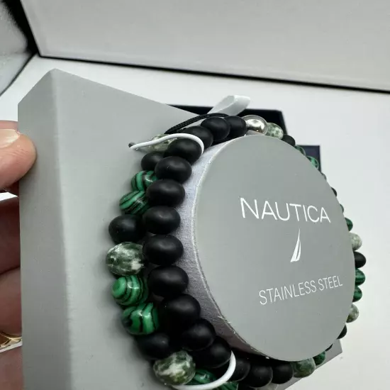 740-PATT Nautica NEW Men’s Black, Silver ,Green, White Beaded Stretch Bracelets