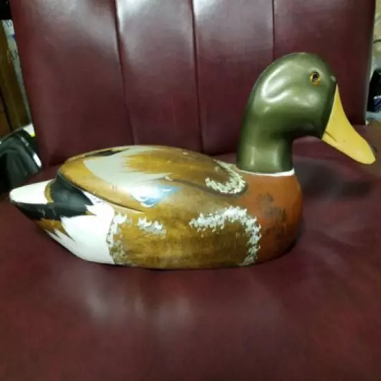 Vintage hand carved wood Duck decoy glass eyes male with stamp