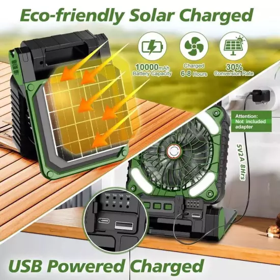 Portable Solar Powered Camping Fan USB Rechargeable Variable Speed w/ LED Light