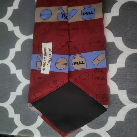 Vicky Davis Maroon 'Filler Up' Pharmacy RX Themed Tie, 100% silk - EUC