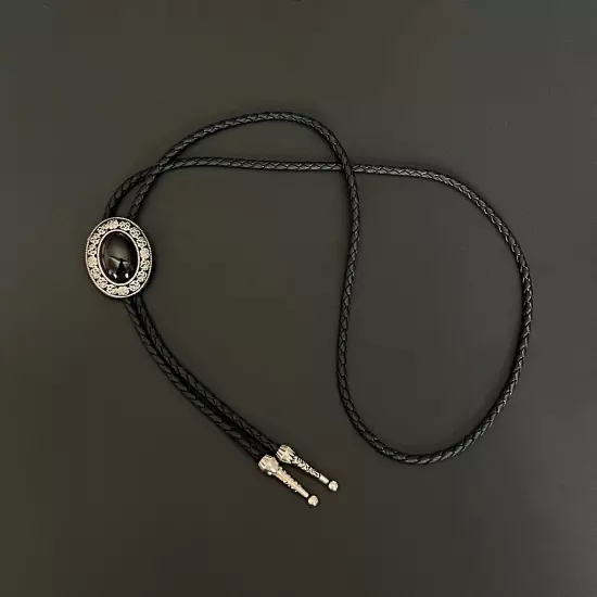 Natural Black Onyx Stone Bolo Tie Western Vintage Alloy PU Rope Wedding Necklace