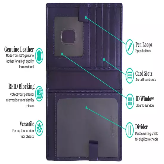 RFID Leather Checkbook Cover With Credit Card Slots and Pen Holder