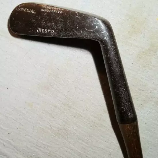 ANTIQUE WARRANTED HAND FORGED STEEL SPECIAL JIGGER GOLF CLUB WITH WOODEN SHAFT