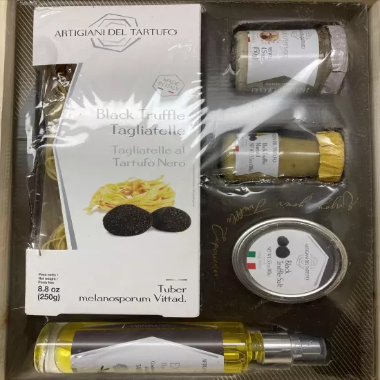 Artigiano Del Tartufo Black Truffle Wood Gift Box Sauce, Mustard, Salt, Oil