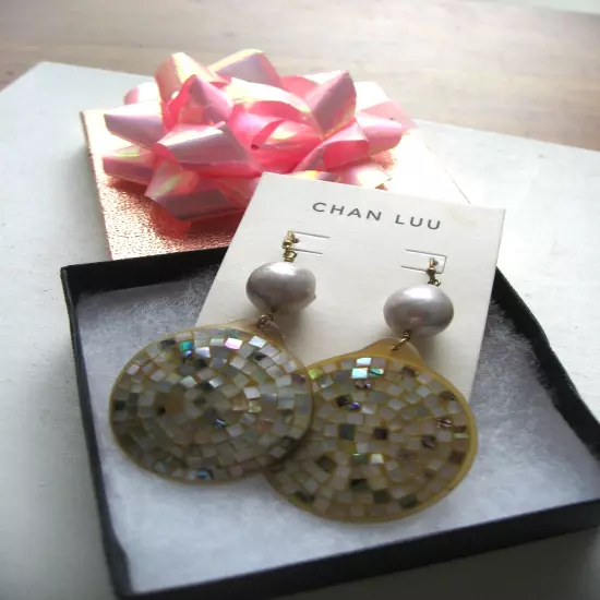 Chan Luu Earrings Pearl Abalone Shell Inlay Mosaic Style Gold NWT $215 Moderrn