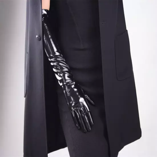 LATEX GLOVES Shine Leather Faux Patent Vegan PU 8" 21cm Short Basic Shine Black