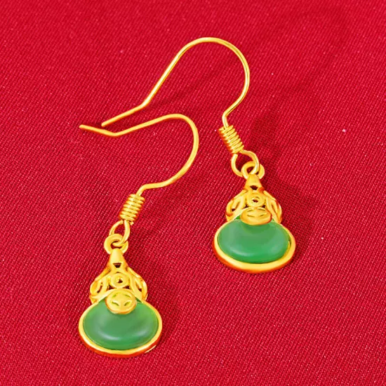 Natural Jade Gourd Earrings Real Jewelry Charm Talismans 18K Gold Plated