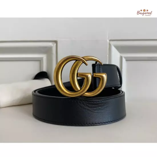 Authentic Gucci Black Calfskin Leather Gold Double G Buckle Slim Belt 80/32