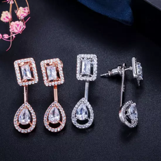 Women Chic Silver Plated Cubic Zirconia Stud Drop Earrings Fashion Party Jewelry