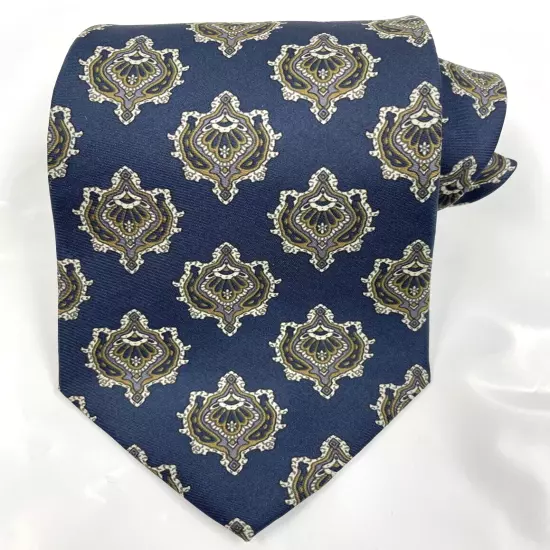 Eaton Paisley Crest Shield Geometric Blue Necktie Silk Tie 3.5" x 57"